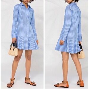 Lauren Ralph Lauren Blue White Striped Ruffle Hem Shirt Dress Womens 14 Cotton
